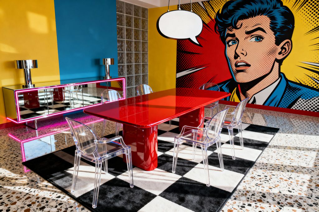 A Pop Art dining room features a glossy red rectangular table with four clear acrylic chairs on a black-and-white checkerboard rug. A large comic-style mural with a speech-bubble pendant light dominates a yellow wall, while an adjacent wall is painted bright blue. A mirrored sideboard outlined in neon pink holds two polished chrome lamps. Terrazzo flooring and a glass-block partition reflect abundant natural light across the space.