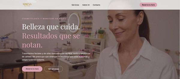 Website homepage design for Ximena Beauty House featuring a modern header, service sections, and contact information.