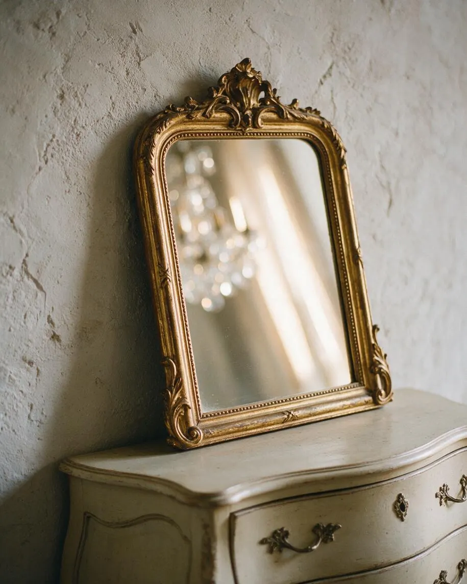 A small rectangular mirror with an ornate gold frame leans against a textured plaster wall on top of a curved cream dresser. The mirror reflects soft light and a blurred chandelier, emphasizing the antique French Country look.