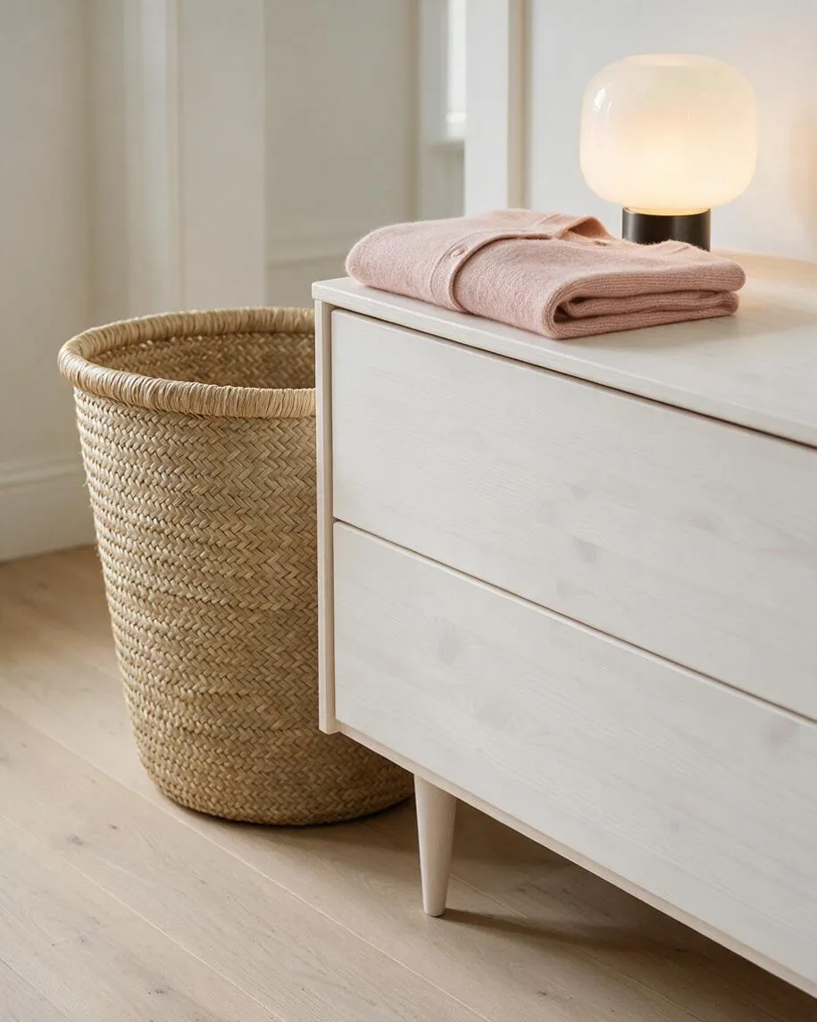 A Scandinavian-style bedroom vignette with a pale wood dresser, a folded blush knit garment, a glowing white table lamp, and a large woven basket beside it. The space uses light wood flooring, soft neutral walls, and natural textures for a calm, airy feel.