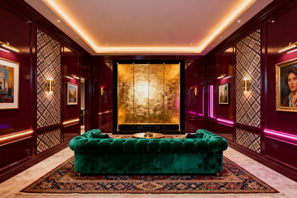 A glamorous media room with deep burgundy, high-gloss paneled walls featuring patterned insets, brass sconces, and neon magenta LED strips. An emerald green tufted velvet sofa faces a dramatic gold-leaf panel framed by black fluted details and a low media console, anchored by a Persian-style rug, soft cream carpet, and warm cove ceiling lighting, with framed artwork illuminated by picture lights.