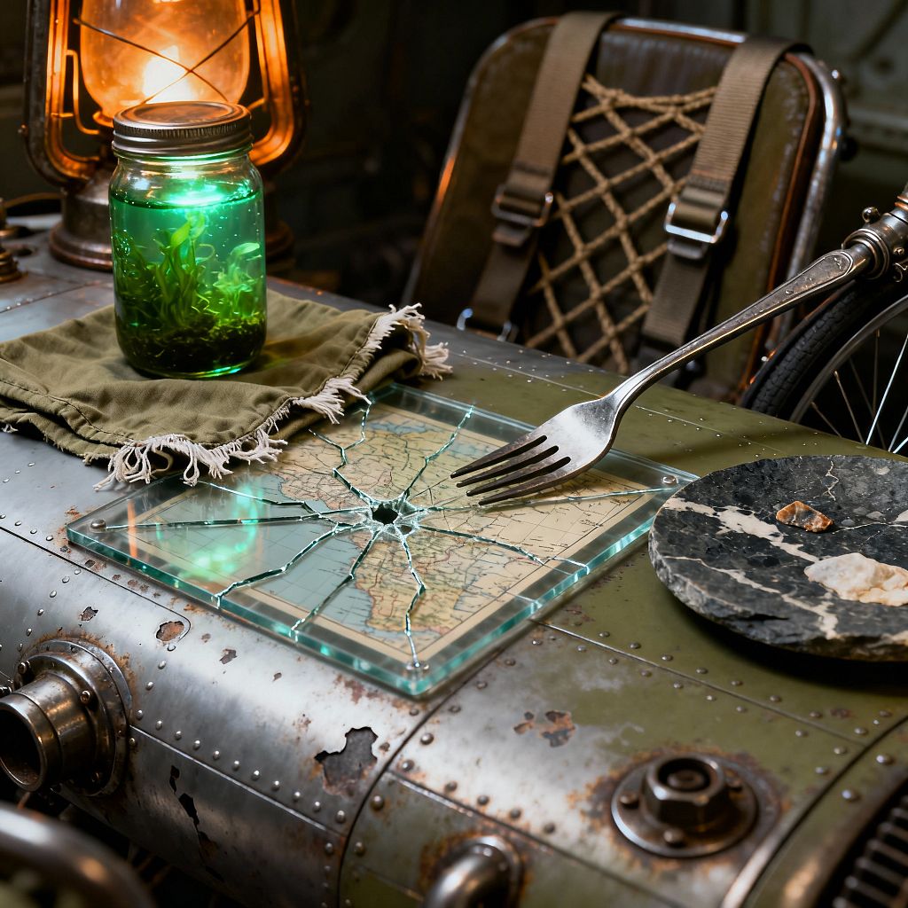 A post‑apocalyptic dining vignette features a riveted, olive‑drab metal table with rusted patches. On it, a square pane of cracked glass overlays a vintage map beside a worn fork and a black marble plate holding raw stones, while a mason jar of glowing green liquid rests on a frayed khaki cloth near a lit oil lantern. Behind, a rugged chair with leather straps, rope netting, and a visible spoked wheel completes the salvaged, survivalist scene.