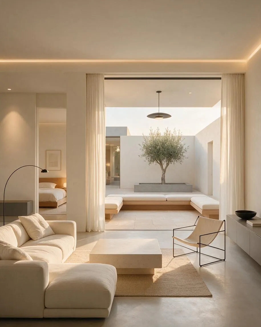 A serene minimalist home interior opens directly to a small courtyard backyard with white walls, a centered olive tree in a rectangular planter, and built-in bench seating. Inside, a cream sofa, low stone coffee table, and sculptural chair sit on a neutral rug under warm recessed lighting.