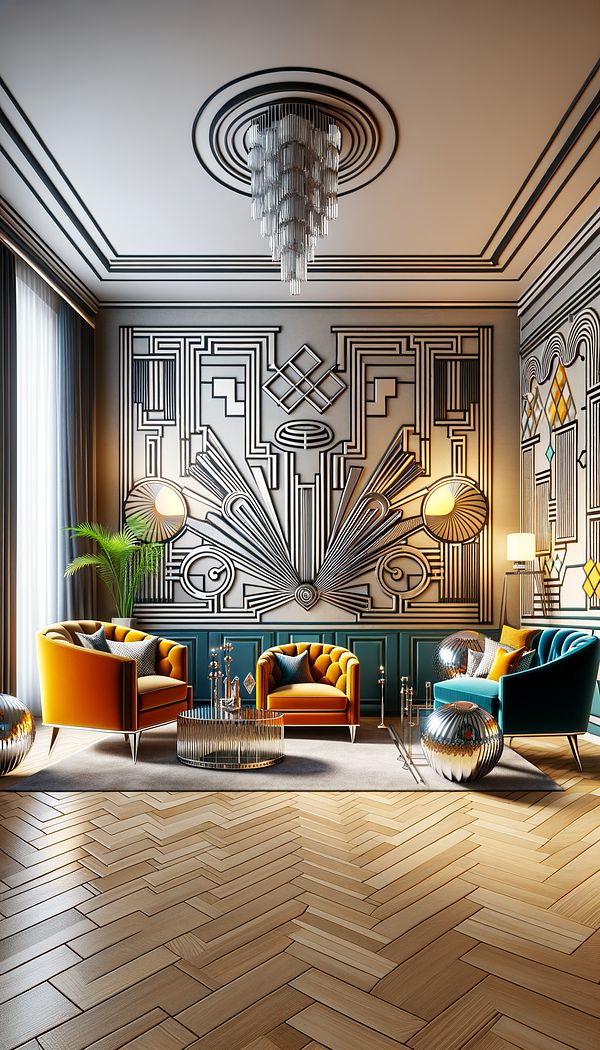 an interior design space featuring Art Deco elements such as geometric-patterned wallpaper, bold furniture, and decorative objects made of chrome and glass