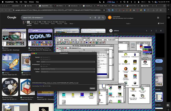 The image displays a screenshot of a Windows 3.1 emulator running Ulead Cool 3D alongside a web browser showing search results for the software.