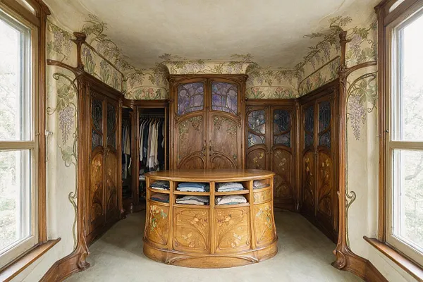 A richly detailed Art Nouveau closet with carved wooden wardrobes lining the walls, stained-glass cabinet doors, and a central oval storage island with open shelves. Floral vine murals wrap the cream walls and ceiling, while tall windows on both sides bring in soft natural light.