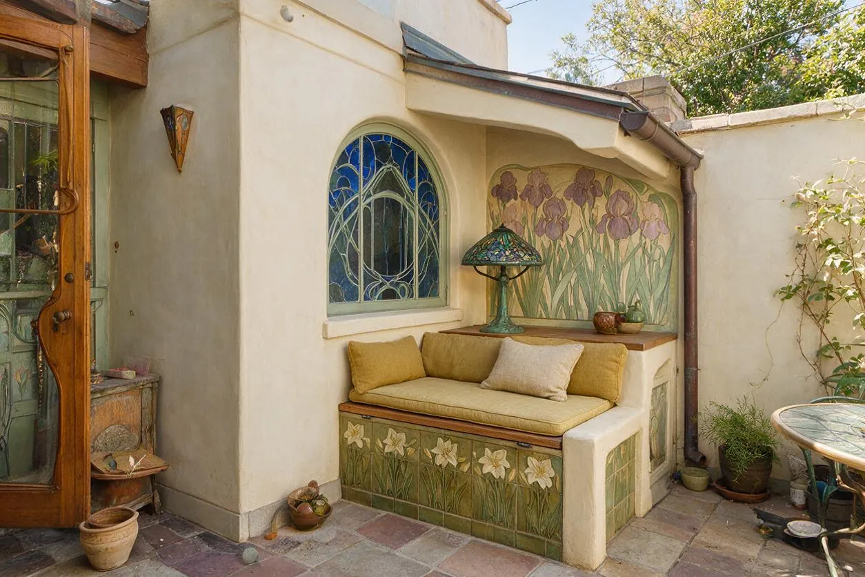 A small enclosed patio features an Art Nouveau-style built-in bench with floral tile panels, mustard cushions, and a stained-glass window above. A hand-painted iris mural, curved stucco walls, and a decorative mosaic table create a soft, romantic courtyard atmosphere.