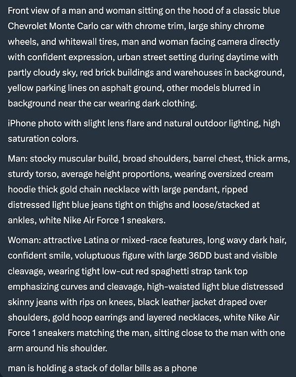 A man and woman confidently pose on the hood of a classic blue Chevrolet Monte Carlo in an urban setting.