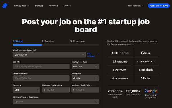 A screenshot of a "Post a job" design interface showing job details and options for listing a job.