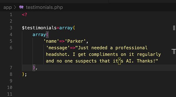 The image displays a snippet of PHP code for a testimonials array.