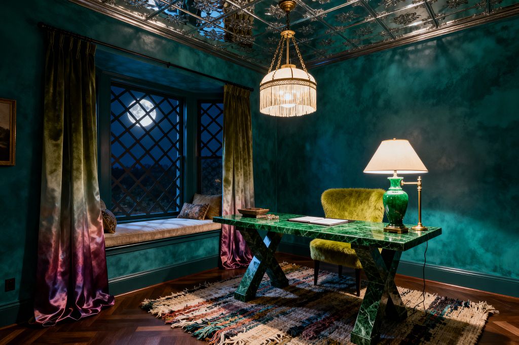 A maximalist home office with deep teal walls and a reflective pressed-tin ceiling centers on an emerald green marble desk. A shaggy chartreuse chair and emerald ceramic lamp sit on a multicolored fringed rug. Ombré velvet drapes in green to plum frame lattice windows with a moonlit view and a cushioned window seat. A brass-framed pendant with fringe and a table lamp cast warm light, layering textures and rich color throughout the intimate room.
