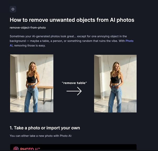 The image illustrates a tutorial on removing unwanted objects from AI-generated photos using Photo AI.