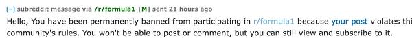 A notification message about a permanent ban from the Reddit Formula1 subreddit.