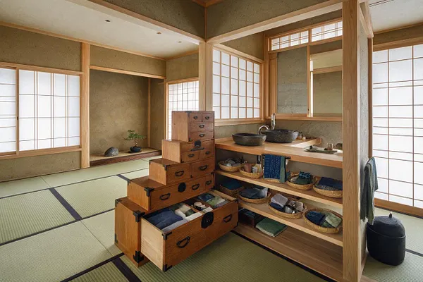 A spacious master bathroom in Japanese Zen style with tatami flooring, shoji screens, and warm wood framing. The room includes a wood vanity with stone vessel sinks, open shelving with woven baskets and towels, and a stepped wooden storage chest used for linens and bath items.