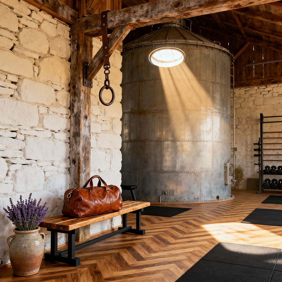 Room AI – Barn-Converted Home Gym with Galvanized Silo - Interior