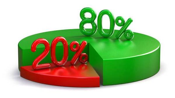 A 3D pie chart illustrating profit margins with segments labeled 80% and 20%.