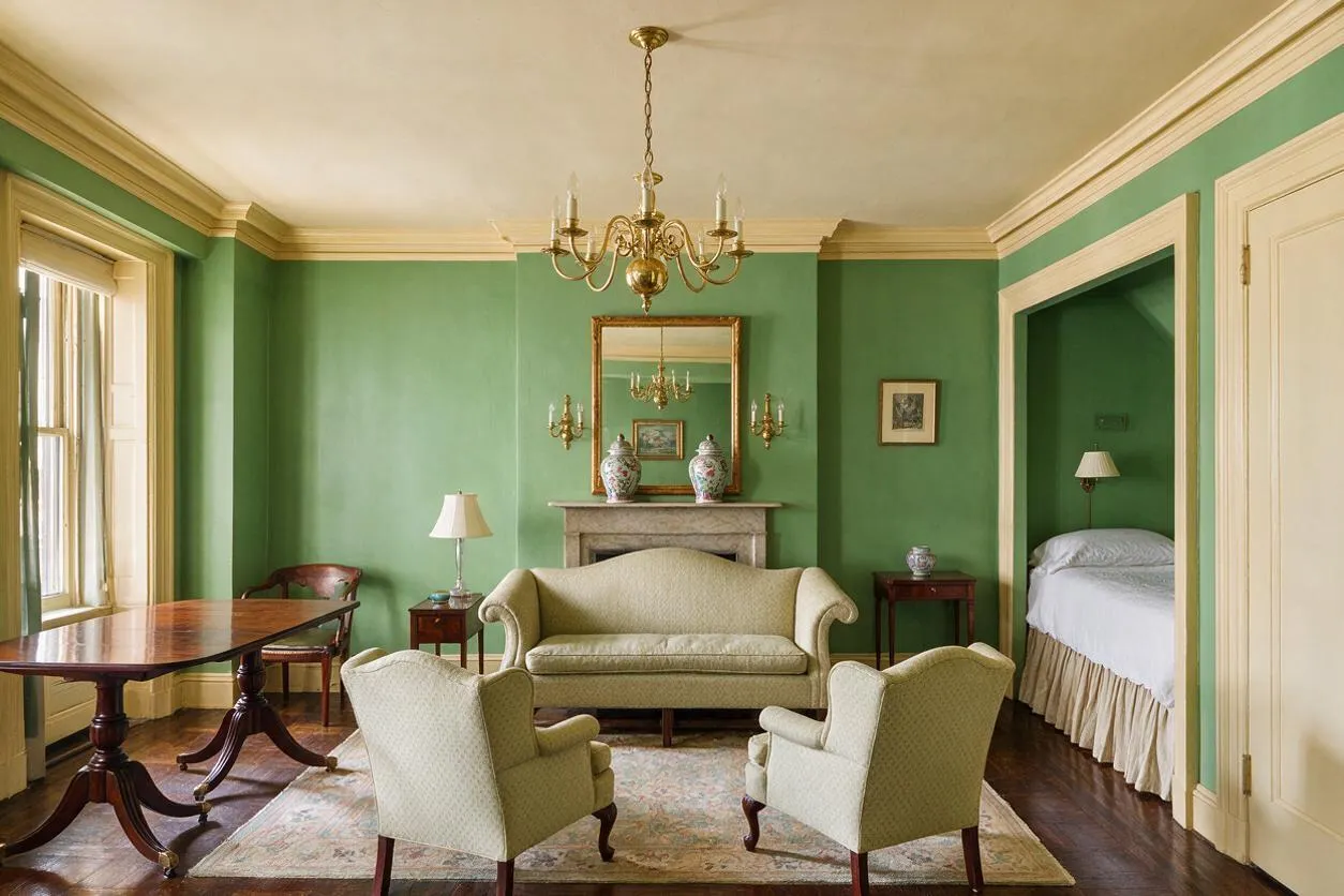 A traditional studio apartment with green walls, cream trim, and a polished wood floor. The room features a brass chandelier, a central fireplace with a large mirror, a cream settee, two upholstered armchairs, a patterned area rug, a wooden dining table by the window, and a bed tucked into an alcove on the right.