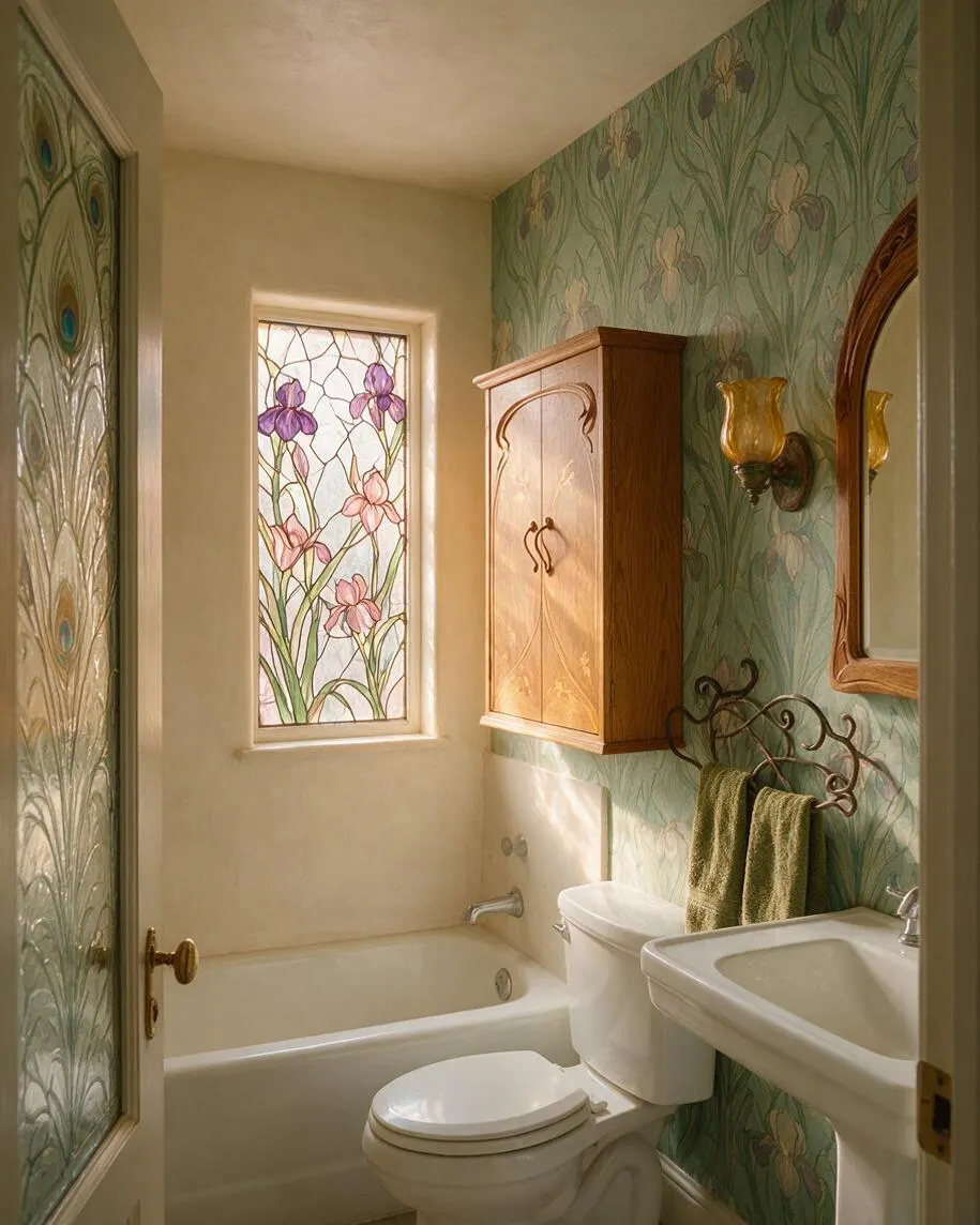 A compact master bathroom with Art Nouveau styling, featuring a floral stained-glass window above the tub, green botanical wallpaper, a wood wall cabinet, and an ornate metal towel rack. The room includes a white toilet, pedestal sink, and warm amber glass sconces beside a framed mirror.