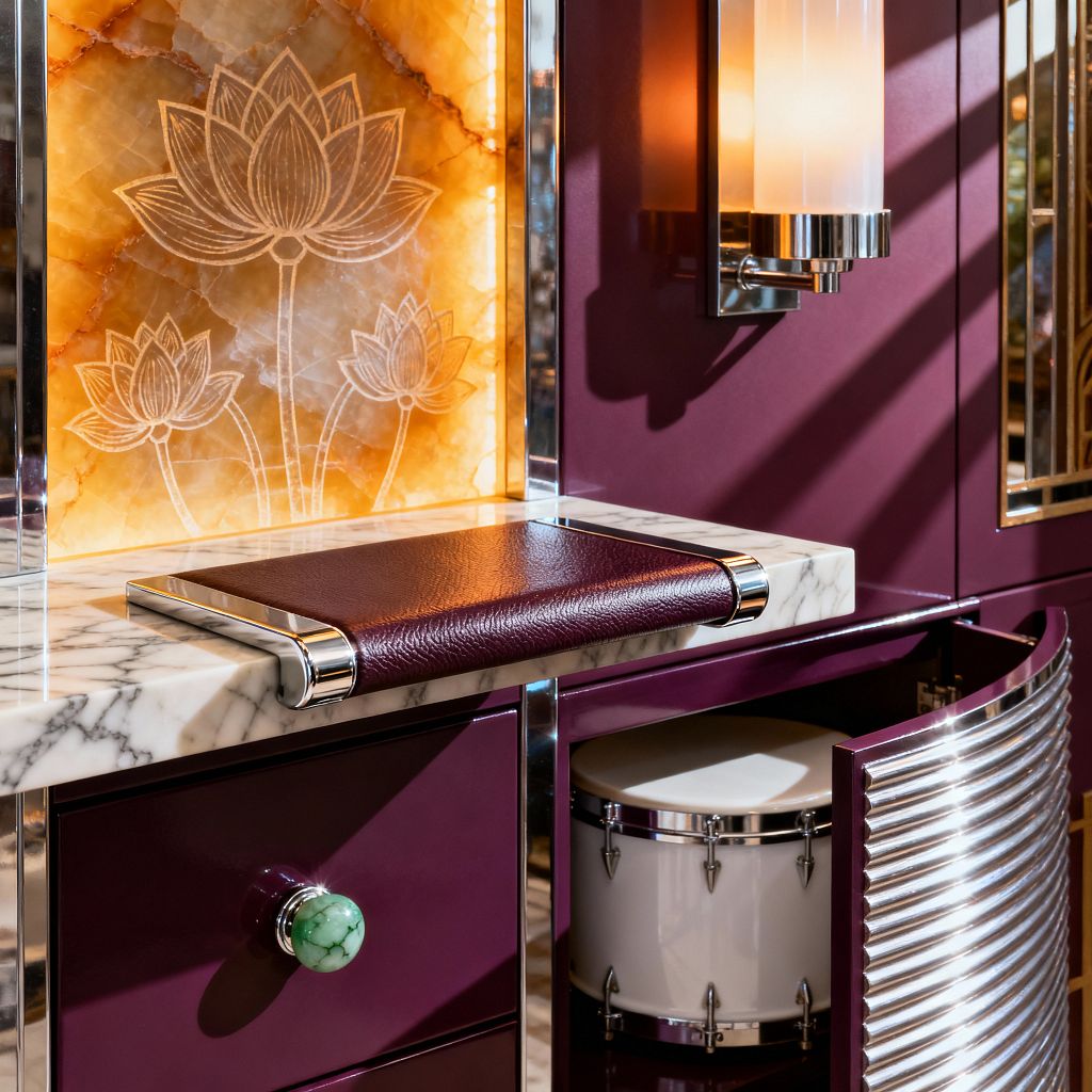 A close-up of an Art Deco laundry station shows burgundy lacquered cabinets with chrome trim and a white marble countertop. A backlit amber onyx panel etched with lotus flowers glows behind a pull-out burgundy leather surface, while a frosted glass sconce adds warm light; a ribbed metallic curved door is open to reveal a white snare drum, and a drawer features a round, green malachite-style knob.