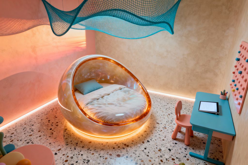 Kids’ bedroom with an iridescent, egg-shaped pod bed lit by an amber LED ring, resting on speckled terrazzo flooring. Textured plaster walls are washed with peach light from perimeter strips. A cyan mesh canopy hangs in soft waves overhead. To the right, a small turquoise desk and coral chair sit against the wall beside a pastel pegboard; a tablet lies on the desk. The palette blends soft pastels with warm lighting and rounded, child-friendly forms.