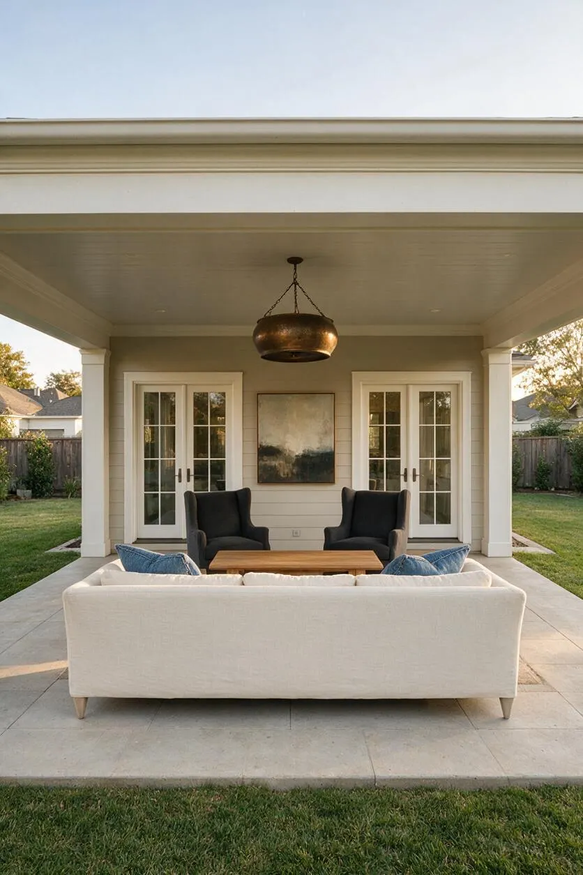 A covered backyard patio with a cream outdoor sofa, two dark armchairs, and a wood coffee table arranged on a light stone floor. French doors, a large abstract painting, and a bronze pendant light create a refined transitional style under a white ceiling.