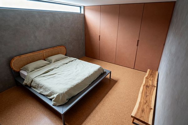 A minimalist bedroom with a low steel platform bed dressed in sage green linen and a curved rattan cane headboard, set against a smooth gray plaster wall. A narrow clerestory window washes the room with daylight. Opposite, full-height matte terracotta wardrobe doors with discreet integrated pulls span the wall, while a live-edge wood bench rests on warm cork flooring.