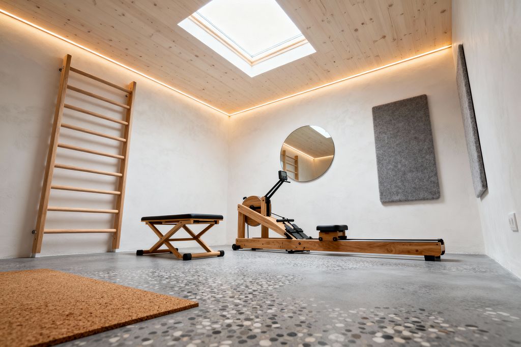 A minimal home gym features light wood stall bars, a wooden rowing machine, and a low folding bench with a black cushion, set against warm-white plaster walls. The space has a pine plank ceiling with a central skylight and warm LED cove lighting, a polished concrete floor with speckled pebble terrazzo, a round wall mirror, two gray felt acoustic panels, and a cork mat in the foreground.