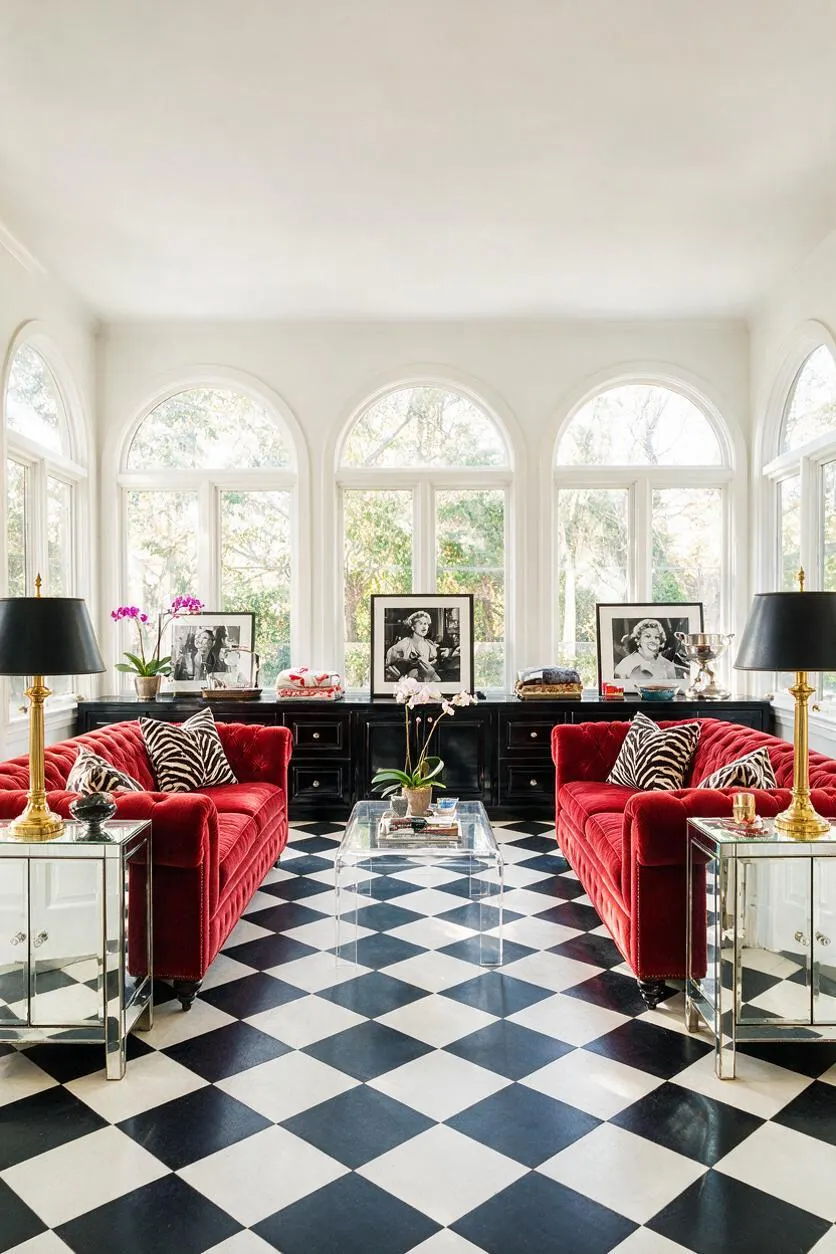 A bright sunroom with tall arched windows, black-and-white checkerboard flooring, and two deep red velvet sofas facing a clear acrylic coffee table. Mirrored side tables, black lamps with gold bases, and a long black cabinet with framed black-and-white portraits create a glamorous Hollywood Regency look.