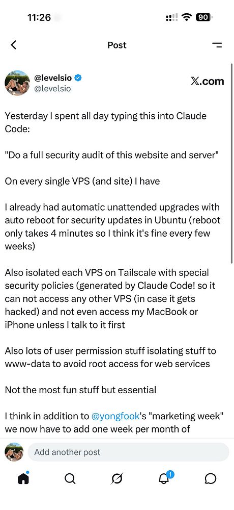 A social media post detailing security audit steps performed using Claude Code on VPS and websites.