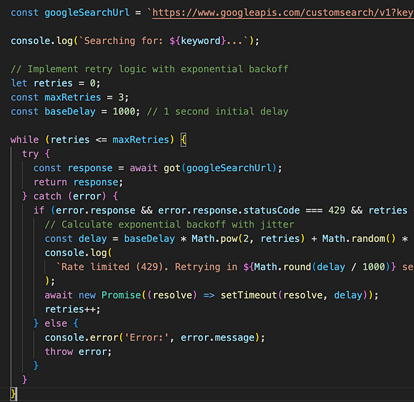 The image displays a code snippet for implementing a Google Custom Search API with retry logic in JavaScript.