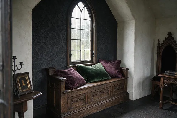 A small Gothic-style nook with a pointed-arch window centered over a carved wooden bench. The bench is layered with deep green and plum velvet pillows, surrounded by dark patterned wallpaper, pale plaster walls, black flooring, and ornate wood furniture.