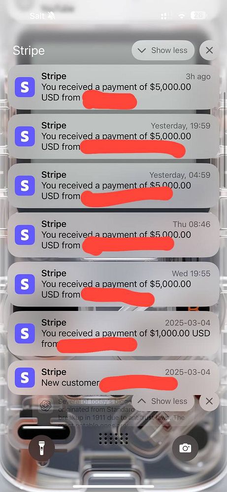 The image displays a series of payment notifications from Stripe on a mobile device.