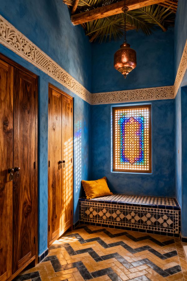 A small mudroom with vivid blue tadelakt walls features cedar closet doors with brass ring pulls and a built-in bench clad in navy-and-ivory geometric zellige, topped with a mustard pillow. A carved white plaster frieze wraps the room, a hammered copper pendant hangs from a ceiling of exposed timber and palm fronds, and a window with wooden lattice and jewel-toned stained glass casts patterned, colored light across a sand-and-black herringbone tile floor.