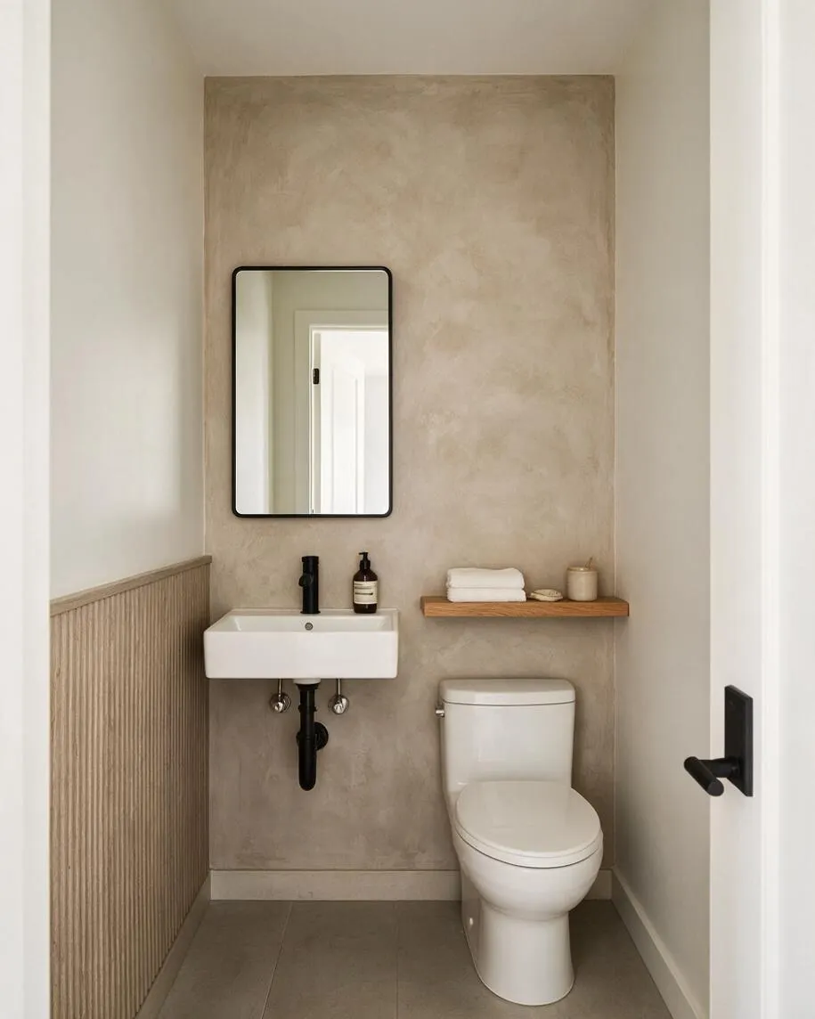 A narrow modern powder room with a textured beige plaster accent wall, a small black-framed mirror above a wall-mounted white sink, and a white toilet beside a floating wood shelf. Vertical wood slats line the lower left wall, and black fixtures add contrast to the soft neutral palette.