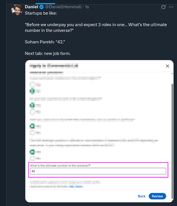 A humorous job application form includes a question about the ultimate number in the universe.