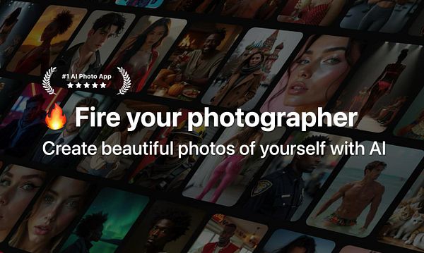 A promotional image for an AI photo app featuring a collage of diverse portraits and a bold call to action.