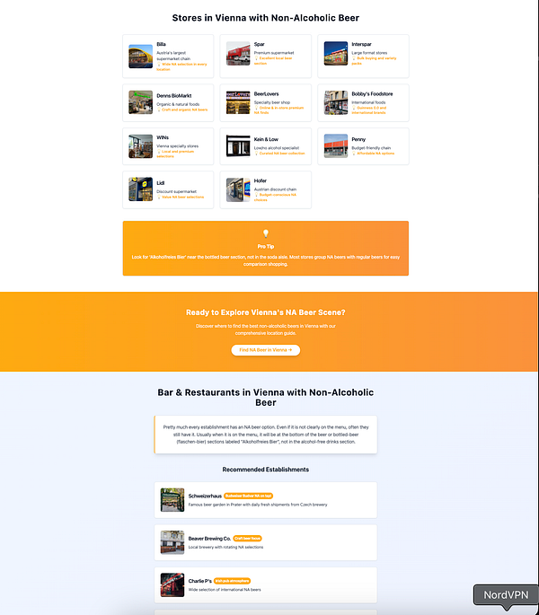 The image displays a guide for finding non-alcoholic beer in Vienna, Austria, featuring stores and restaurants.
