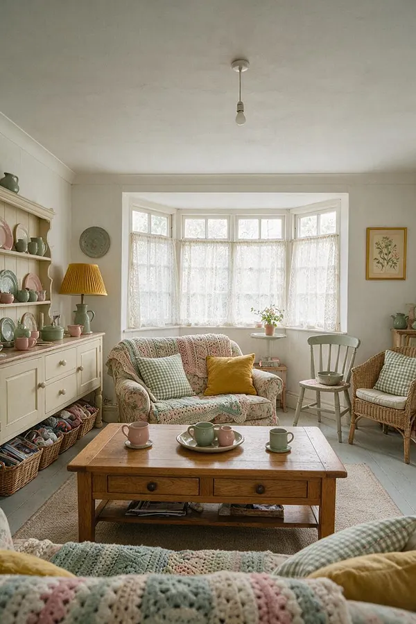 A cozy cottagecore living room with a bay window dressed in sheer lace curtains, floral slipcovered seating, and pastel ceramics displayed on open shelves. A wooden coffee table, wicker chair, soft woven throws, and warm neutral walls create a quaint, welcoming atmosphere.