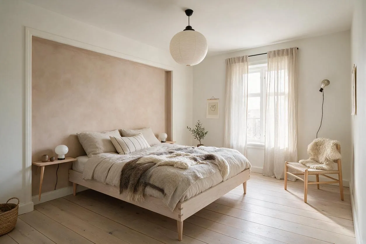 A bright Scandinavian-style guest bedroom with a light wood bed dressed in beige and cream bedding, a large taupe upholstered headboard wall, and sheer curtains over a window. The room includes a paper pendant light, simple wood nightstands, a small chair with a sheepskin throw, and pale wood plank flooring.