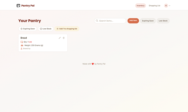 The image displays a user interface for a pantry management application called Pantry Pal.