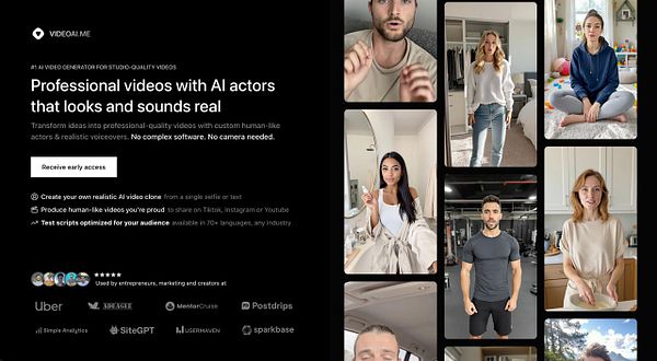 The image promotes a video generation platform featuring various AI actors in a collage format.