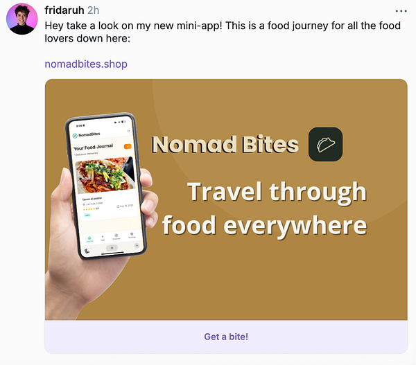 A promotional image for the Nomad Bites mini-app showcasing a food journal feature.