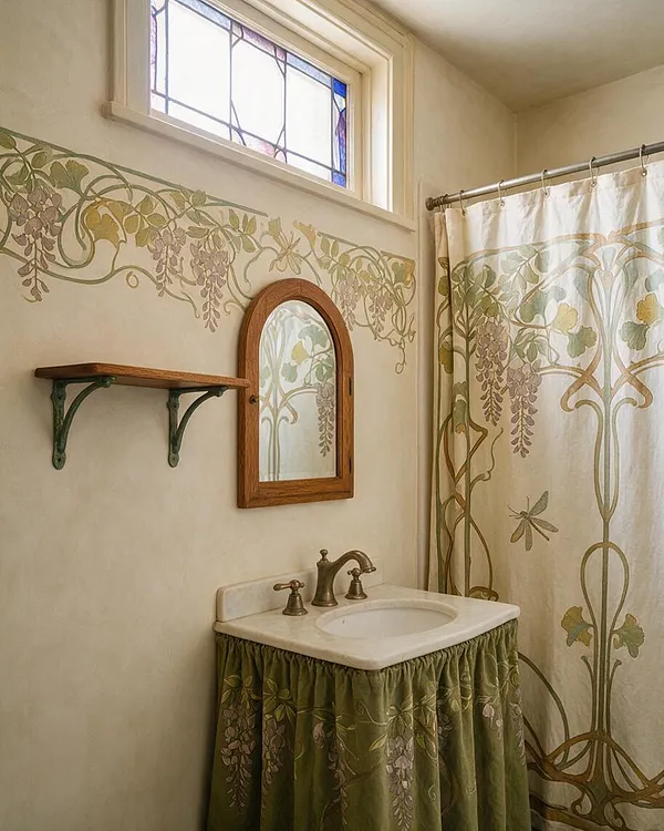 A small master bathroom styled in Art Nouveau fashion with cream walls, a stained-glass transom window, and hand-painted botanical vines running across the upper wall. A marble sink with brass faucet sits above a green floral fabric skirt, while a wood-framed arched mirror, small shelf with ornate brackets, and matching botanical shower curtain complete the vintage-inspired look.