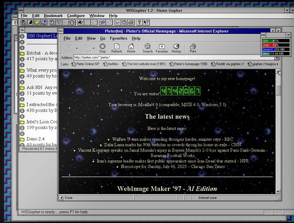 A vintage web browser interface displaying a personal homepage with news articles and a cosmic background.