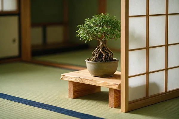 A small bonsai tree with exposed roots sits in a round ceramic pot on a low wooden stand in a Japanese-style room. Tatami flooring, a sliding shoji screen, and soft natural light create a calm Zen atmosphere.