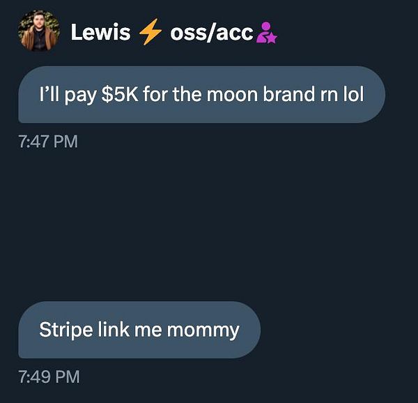 A Twitter conversation discussing a payment for a brand related to the moon.
