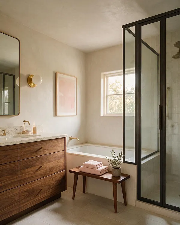 A serene master bathroom with a walnut floating vanity, speckled stone countertop, and brass fixtures beside a soaking tub. A black-framed glass shower enclosure, round mirror, soft wall art, and a small wood bench with folded towels create a calm mid-century modern look.