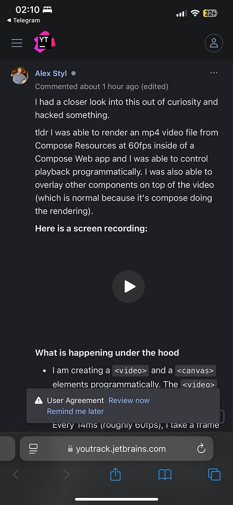 A Telegram comment discussing a technical achievement related to rendering video in a Compose Web app.