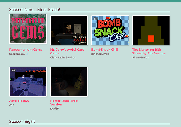 The image displays a collection of games from Season Nine of Tiny Mass Games.