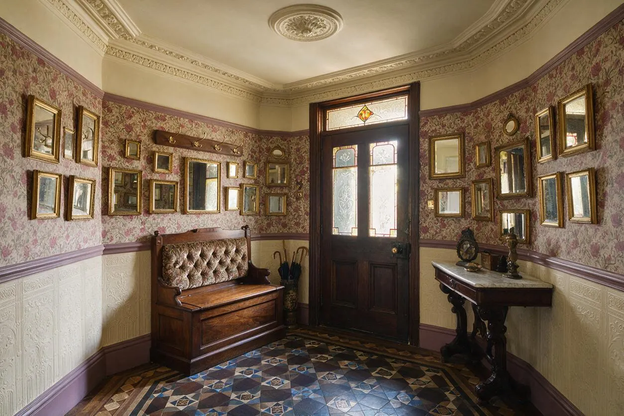 A Victorian-style front porch or entry vestibule with floral wallpaper, cream wainscoting, and a dark wood door with frosted glass and stained-glass detail. The space is filled with many gold-framed mirrors and pictures, a tufted wooden bench, a small pedestal table, and a patterned tile floor.